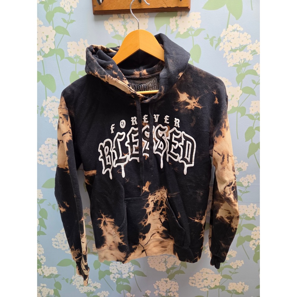 Popular Poison Forever Blessed Bleached Tie Dye Hoodie Black Tan Gothic Cross S